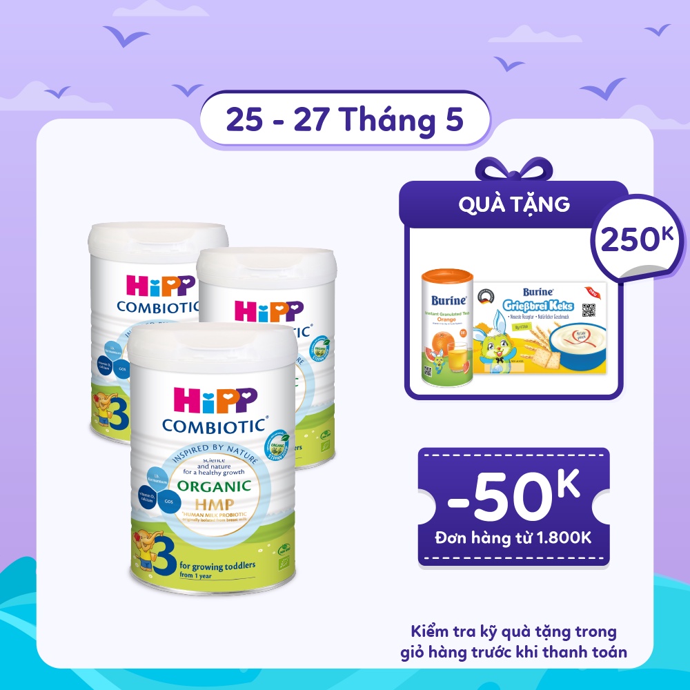 Combo 3 lon Sữa bột công thức HiPP 3 Organic Combiotic 800g hỗ trợ tiêu hóa và tăng chiều cao (3 lon x 800g)