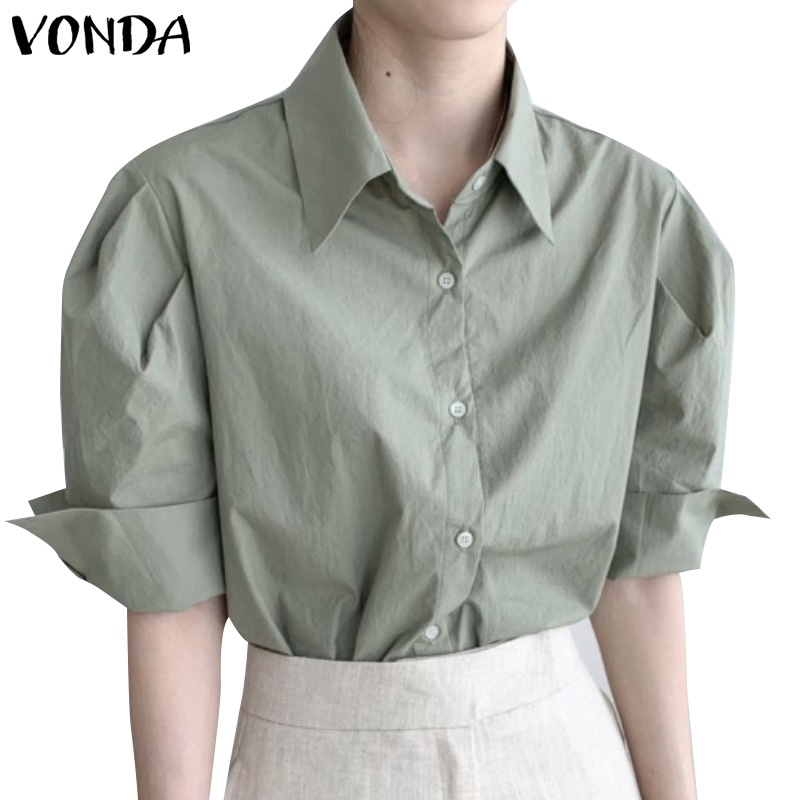 Áo sơ mi VONDA cổ áo bẻ xuống tay lửng màu trơn gài nút phong cách Hàn Quốc mùa hè cho nữ