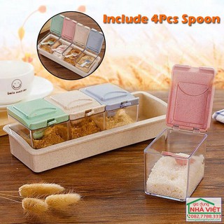 Khay 4 hộp đựng gia vị làm từ rơm lúa mì