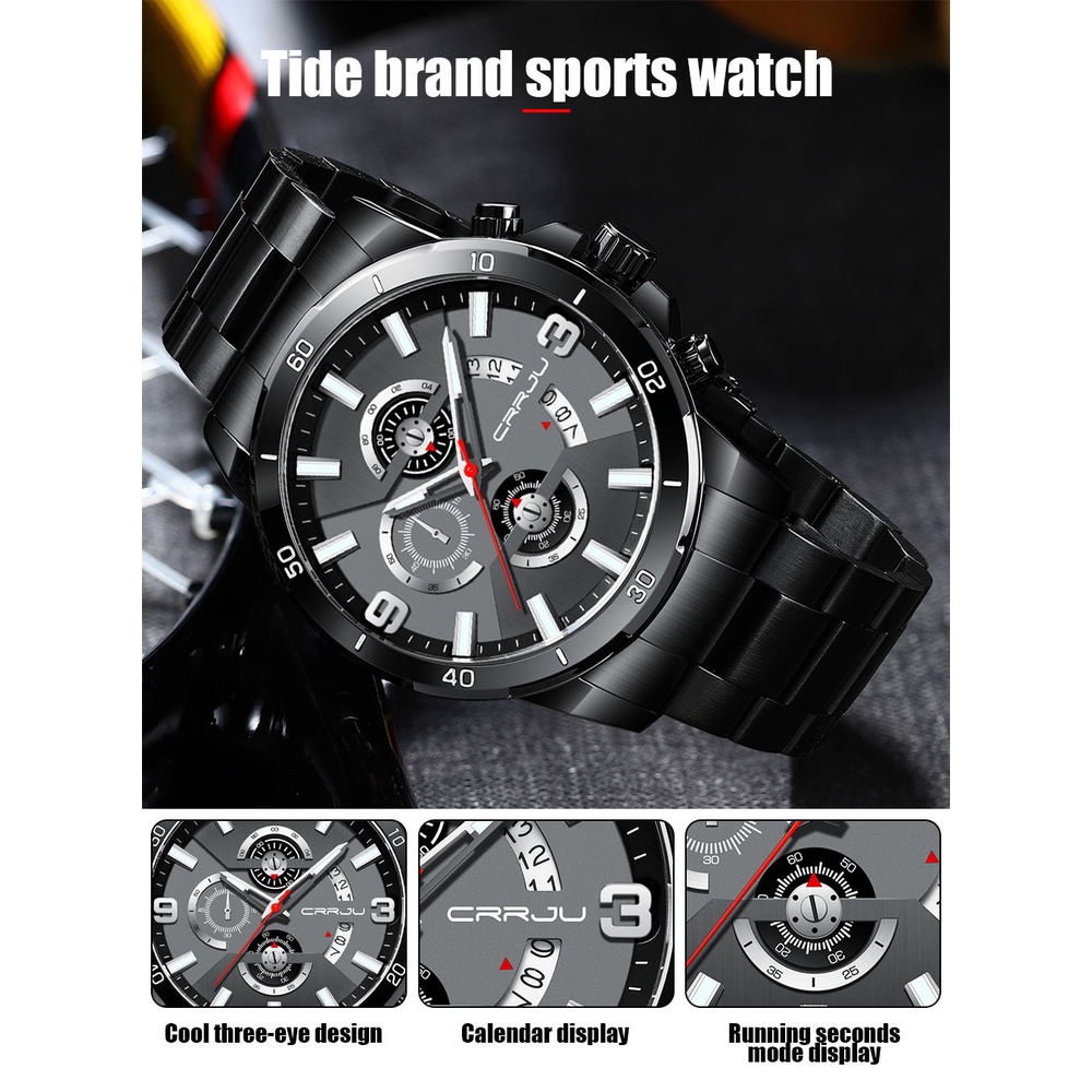 Đồng hồ CRRJU Nam Sang trọng Thể thao Thông thường Đa chức năng Thép không gỉ Thạch anh chống thấm nước 2290 X