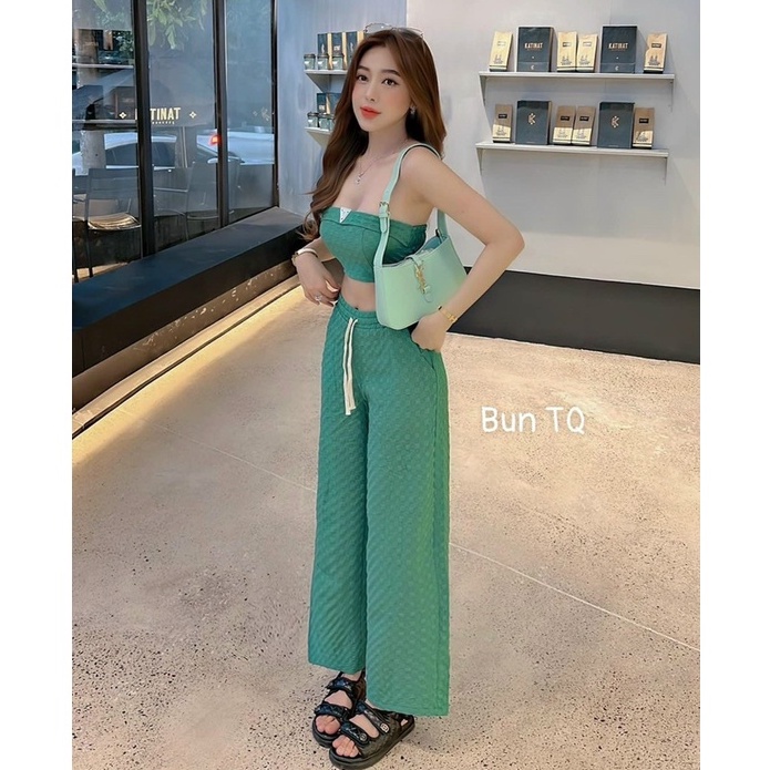 Sét bộ dạo phố áo croptop phối quần dài ống rộng thời trang nữ siêu xinh