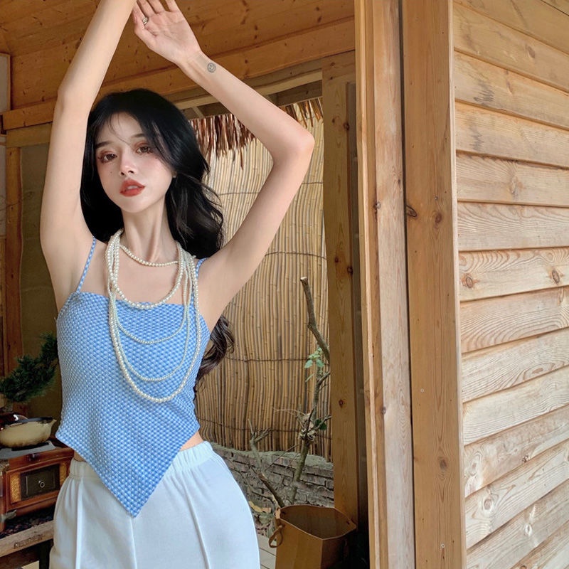 Áo Croptop Hai Dây Họa Tiết Sọc Caro Phong Cách Retro Mùa Hè