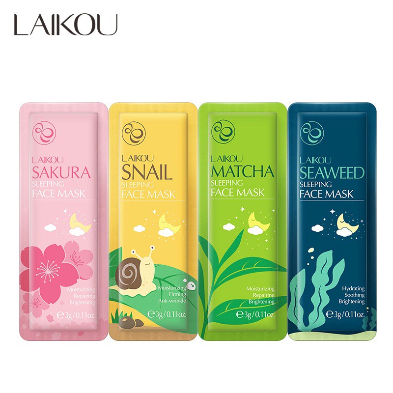 Mặt Nạ Ngủ LAIKOU Gói 3g Dưỡng Ẩm Làm Sáng Da Từ Hoa Anh Đào / Trà Xanh / Ốc Sên/Tảo Biển