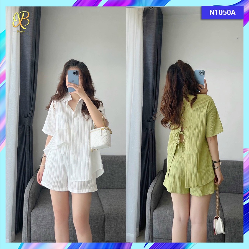Set áo sơ mi cộc tay và quần ngắn kẻ gân xẻ tà có cột nơ sau lưng - N1050A - BingXin