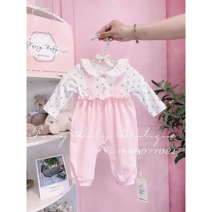 Bodysuit Trắng yếm hồng họa tiết Cherry hồng