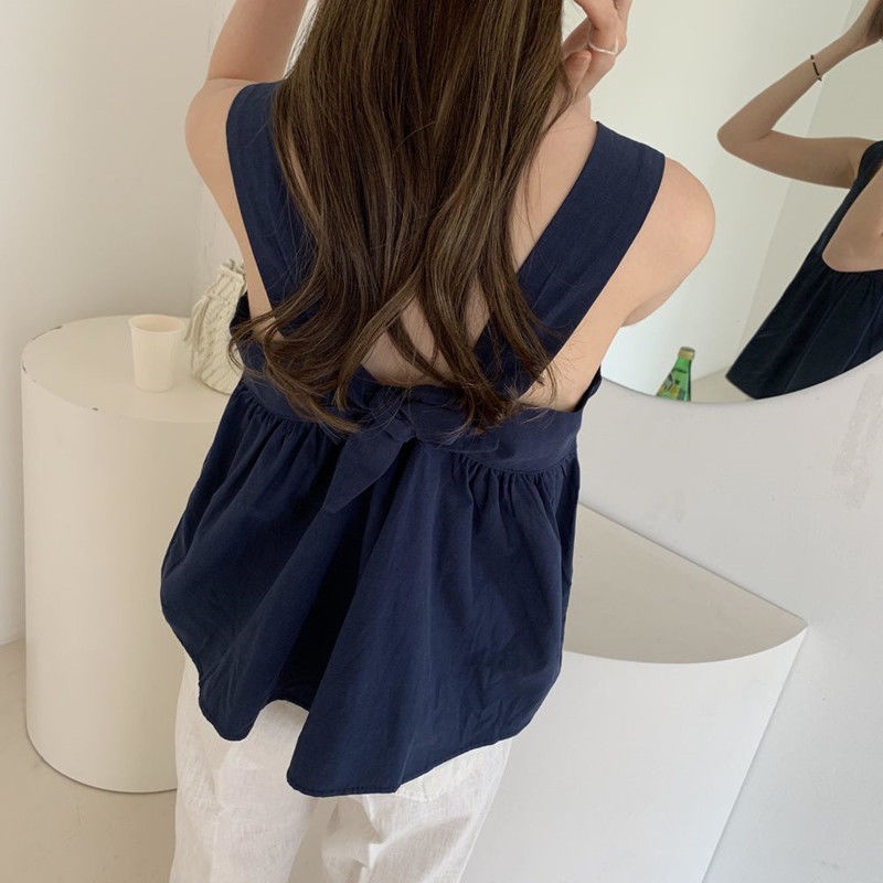 Áo Sơ Mi Không Tay Vải Lanh Cotton Hàn Quốc 175286 Áo Hai Dây Cổ Vuông Đính Nơ Đáng Yêu Cho Bé