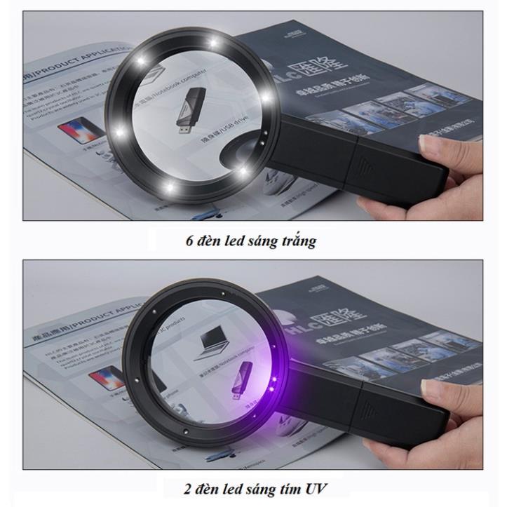 Kính lúp cầm tay đèn sạc điện phóng đại 8x-12x đọc sách báo, sửa chữa điện tử 6550