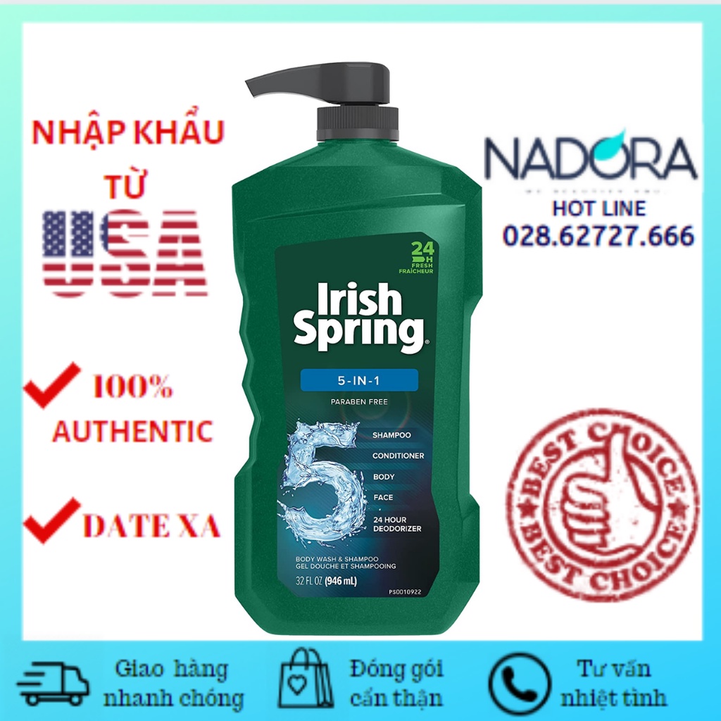 Sữa Tắm Gội Toàn Thân Nam Irish Spring 5in1 Body Wash &amp; Shampoo (946ml)