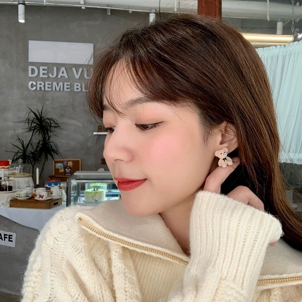 Khuyên Tai Hình Gấu Đính Nơ Dễ Thương Phong Cách Hàn Quốc