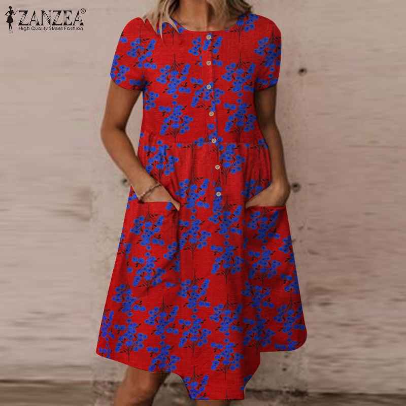 ZANZEA Đầm Tay Ngắn Cổ Tròn In Họa Tiết Hoa Phong Cách Bohemian Cổ Điển Thời Trang