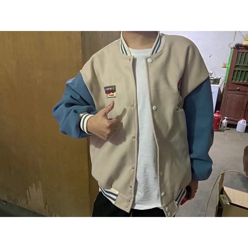 Áo khoác bomber varsity jacket phong cách bóng chày màu xanh mint mới phù hợp cho các cặp tình nhân