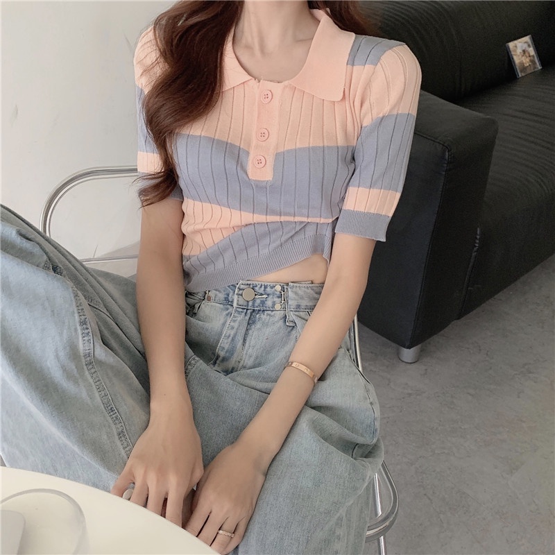 Áo croptop ZHELIHANGFEI tay ngắn cổ polo dáng rộng kẻ sọc màu tương phản thời trang mùa hè dành cho học sinh