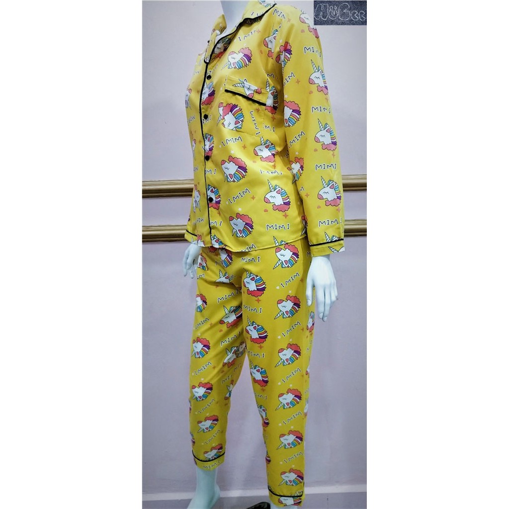 [FREESIZE] Đồ bộ mặc nhà Pijama HUGEE cao cấp vải Kate Thái loại 1 màu vàng họa tiết Kỳ Lân A020