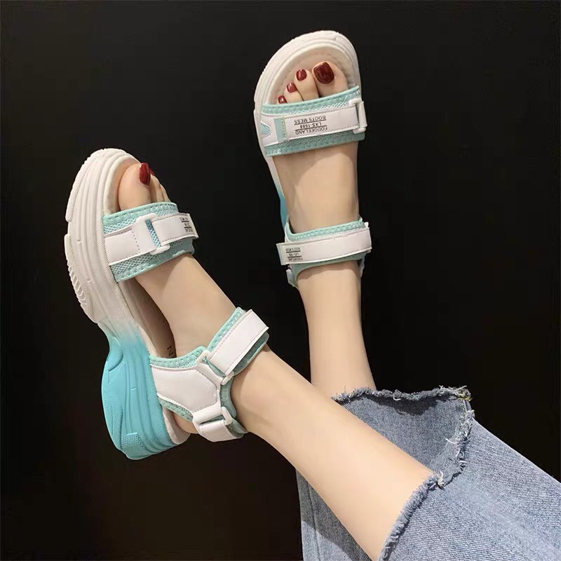 Dép sandal quai hậu học sinh đế xuồng màu xanh-Sandal quai hậu độn đế 4cm