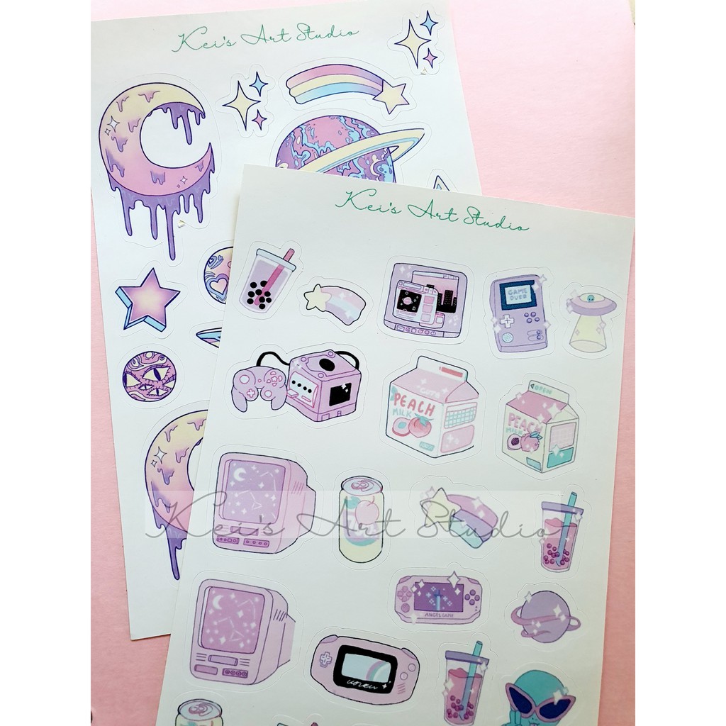 Sticker hàn quốc các thiết kế dễ thương, cô gái, hành tinh, đồ vật,... tone màu hồng tím pastel, galaxy