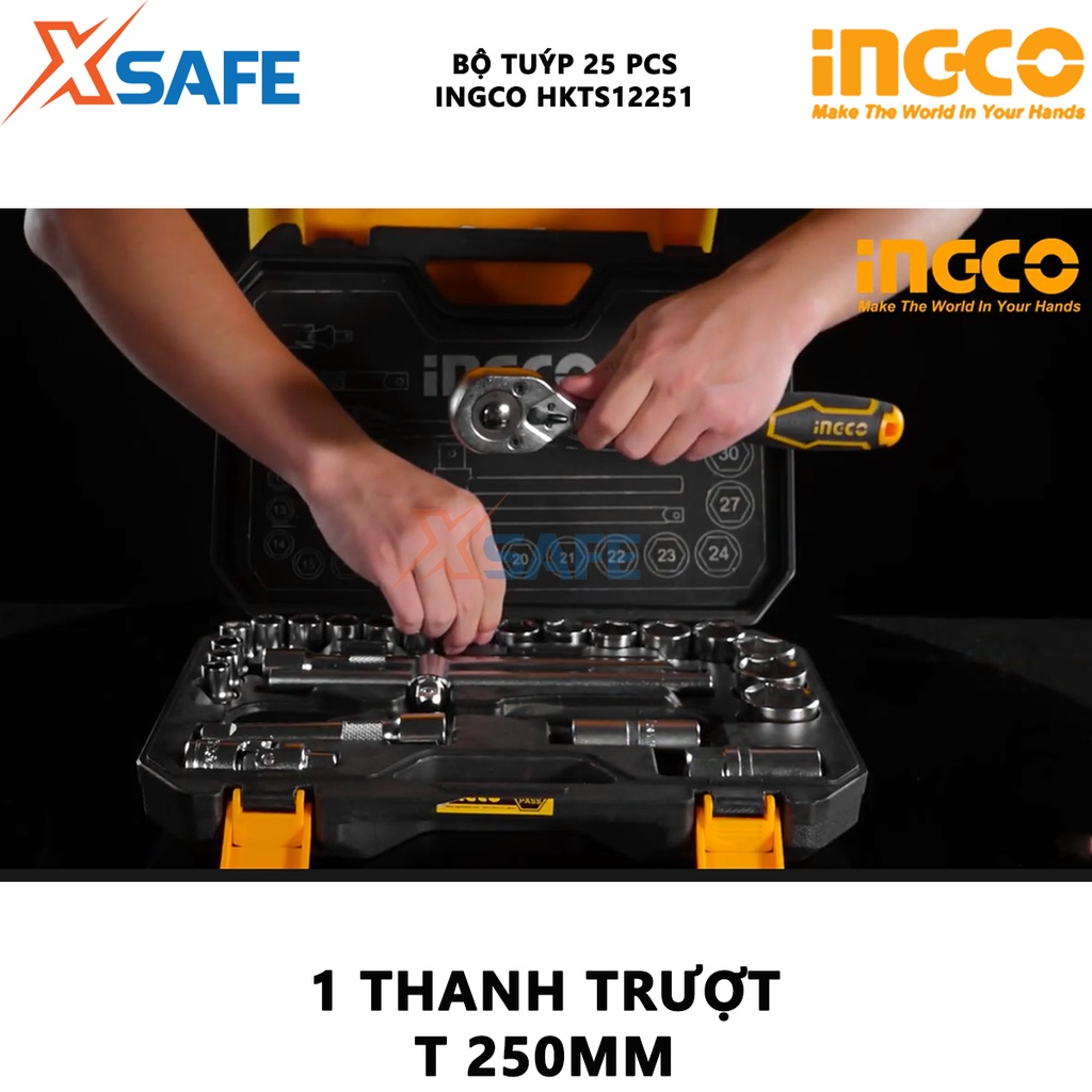Bộ đầu tuýp 25 chi tiết INGCO HKTS12251 1/2inch chất liệu thép cr-v cao cấp, chịu nhiệt, gồm đầu tuýp, đầu vặn, khớp nối