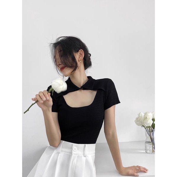 Áo croptop cài cúc cổ khoe vòng 1, áo cài cúc khoét cổ kiểu Đen, Trắng < 55kg