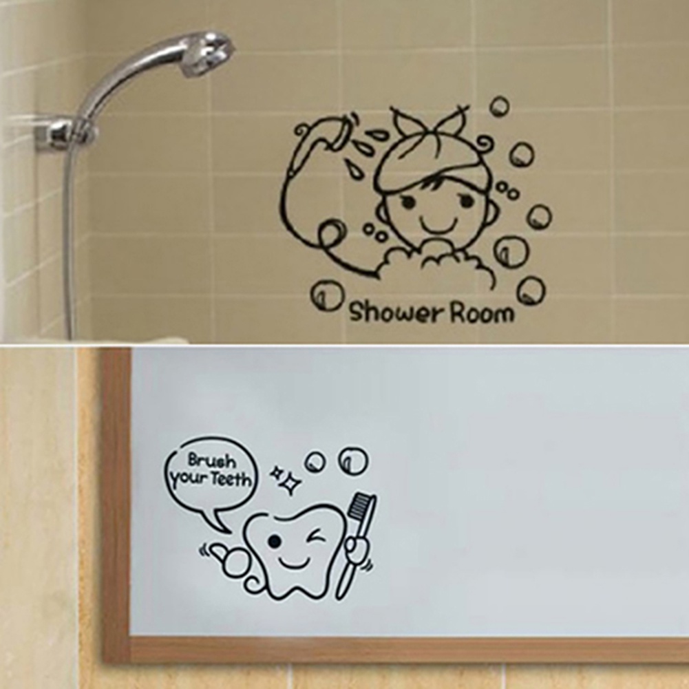 Sticker dán tường hình chữ Brush your teeth/shower hoạt hình bằng vinyl trang trí tường dễ thương