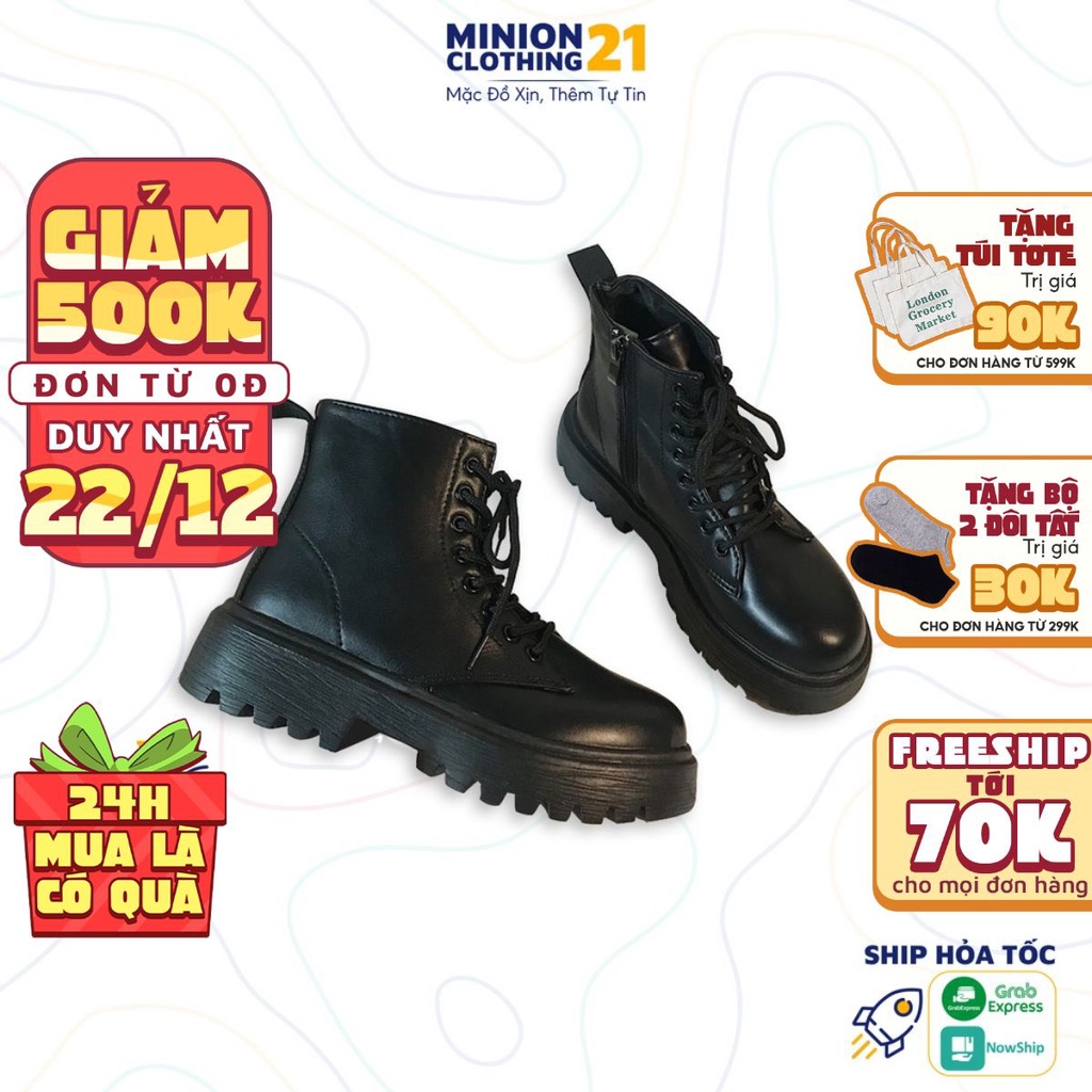 Giày boots cổ cao nữ Minion Clothing đế độn 4cm kéo khoá Ulzzang Streetwear chất da PU đi êm chân G2401