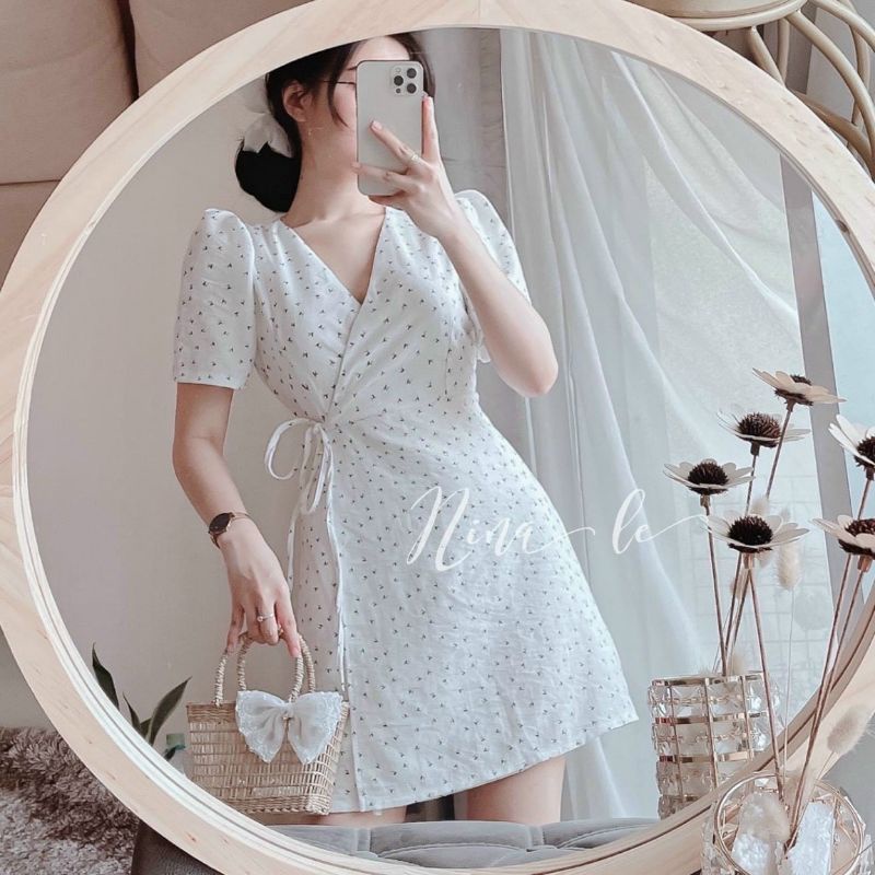 [Hình thật] Đầm hoa đắp chéo cột eo Vintage siêu xinh