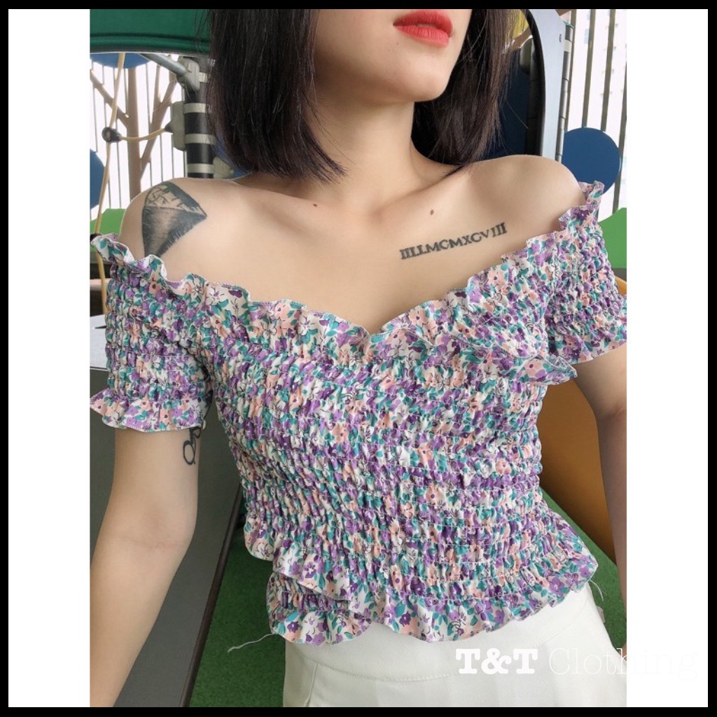 Áo croptop hoa nhún tay ngắn đắp chéo | Áo kiểu nữ Châu Âu 💃By 23t.shop | BigBuy360 - bigbuy360.vn