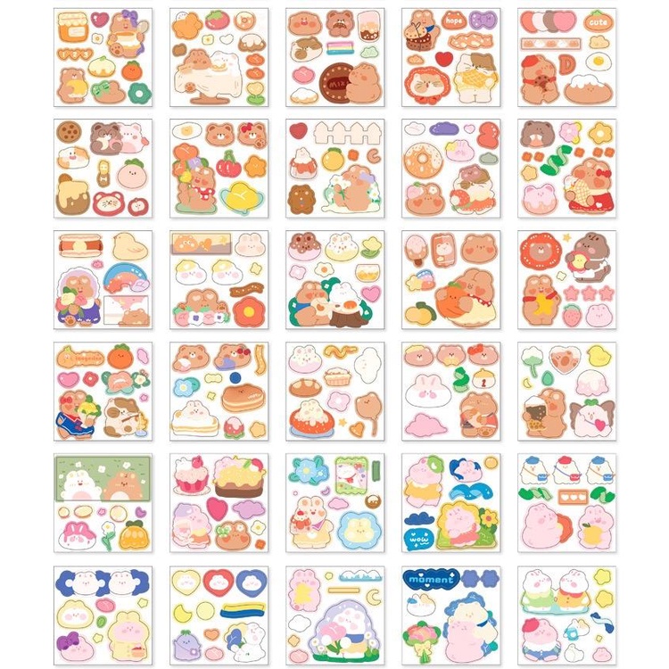 Set 100 sticker/nhãn dán chủ đề THỎ ĐI PICNIC chất liệu PET/PVC chống thấm nước
