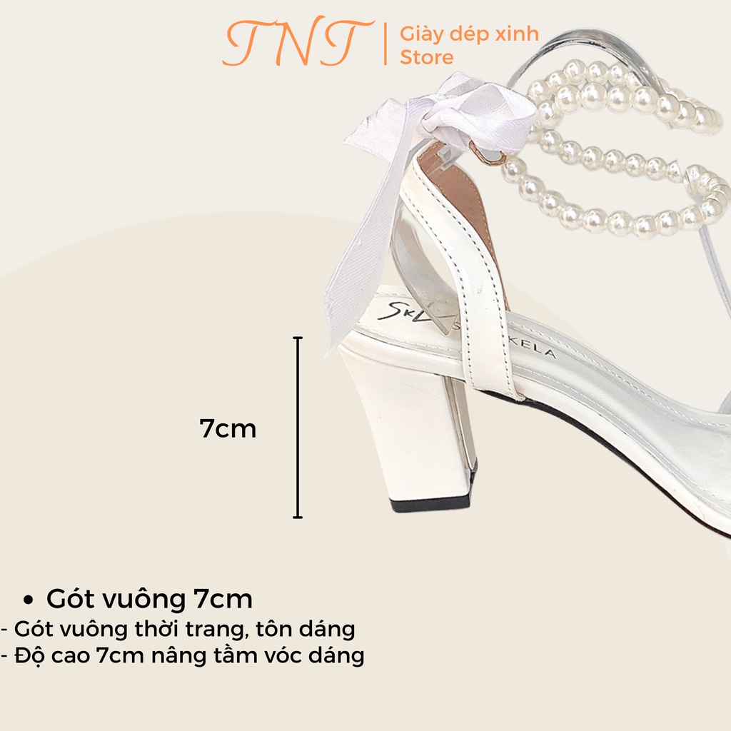 Giày Cao Gót Đế Vuông Đính Ngọc Nữ  Giày Cao Gót 7P Rúm Bèo Quai Ngọc Thắt Nơ Tiểu Thư Sang Chảnh H34