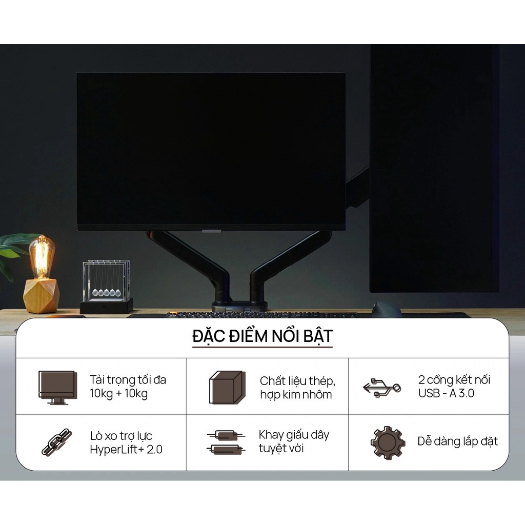 Giá Đỡ ARM 2 Màn Hình Human Motion M8  Màu Đen