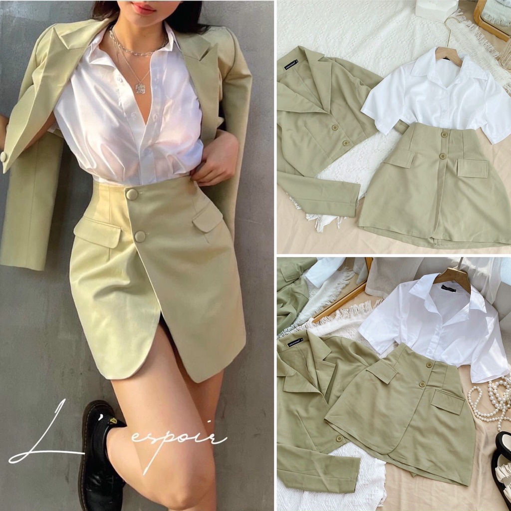 Set 3 mons vest xanh khoác croptop td+sơmi+chân váy KÈM ẢNH THẬT
