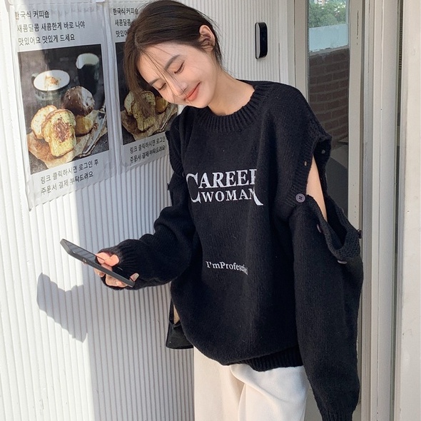 Áo sweater ZHELIHANGFEI dệt kim tay dài dáng rộng thiết kế hở cánh tay in chữ cá tính