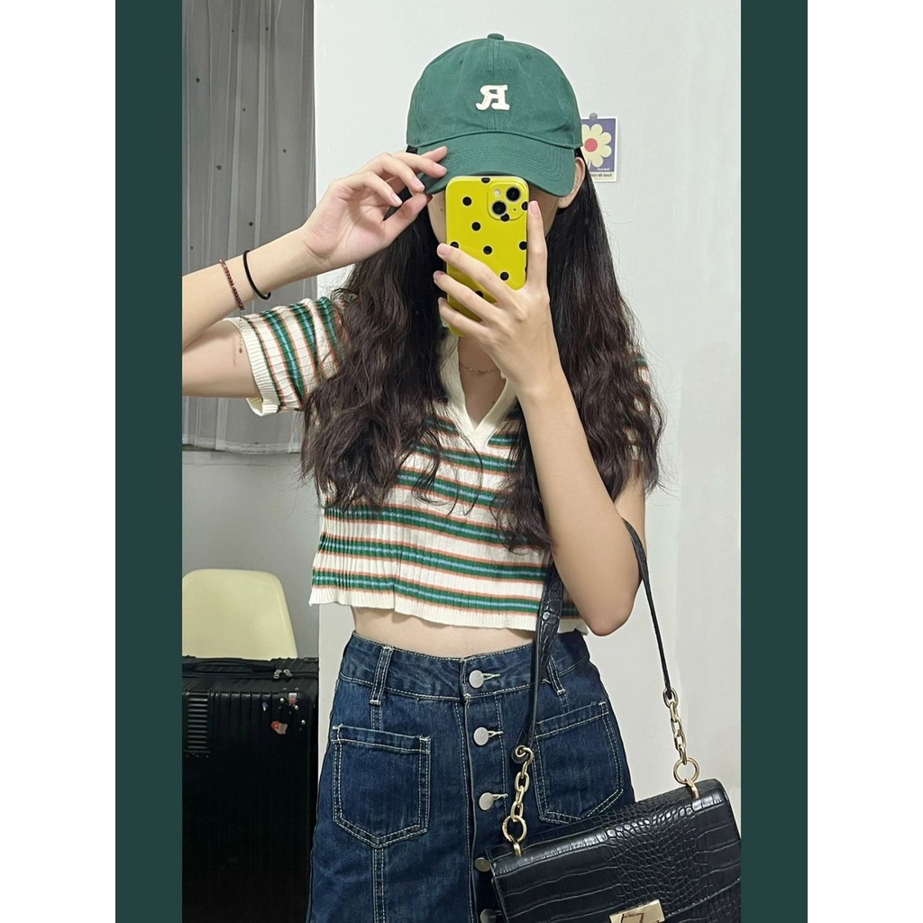 Set Áo Thun Polo Tay Ngắn Kẻ Sọc Phối Chân váy jean Thời Trang Trẻ Trung Cho Nữ