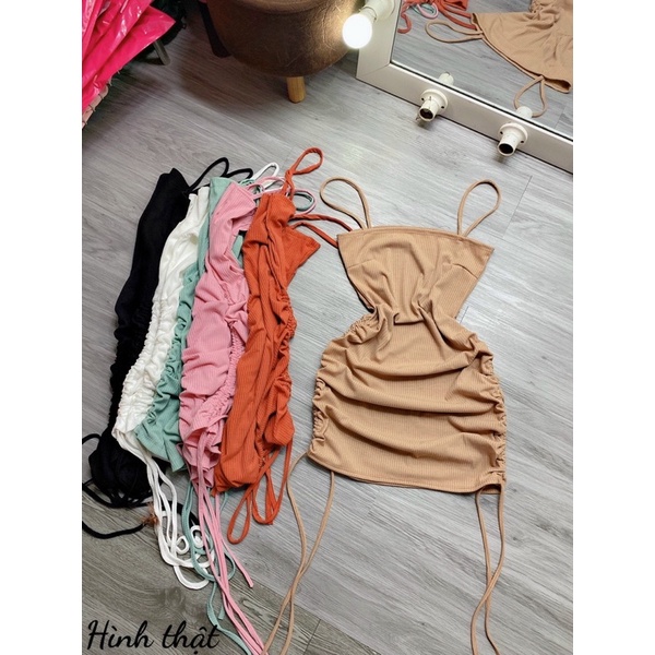 đầm hai dây body rút dây chất len gân