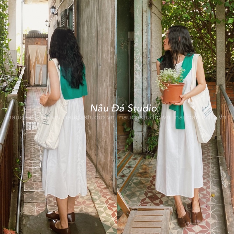 ĐẦM - VÁY BABYDOLL CỘC TAY DÁNG DÀI TẶNG KÈM KHĂN  - NÂU ĐÁ STUDIO.