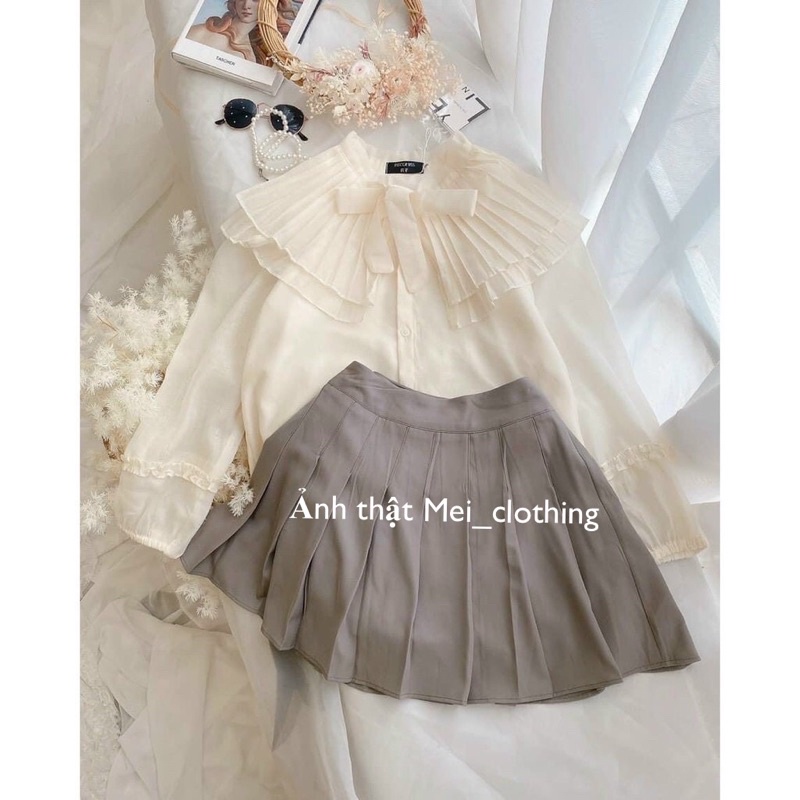 [Ảnh thật/sẵn] Áo sơmi tơ 2 lớp thiết kế cổ bèo dập ly/ sơ mi nữ