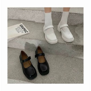 (Order) Giày Lolita Ulzzang Trắng Đen Da Trơn Quai Ngang