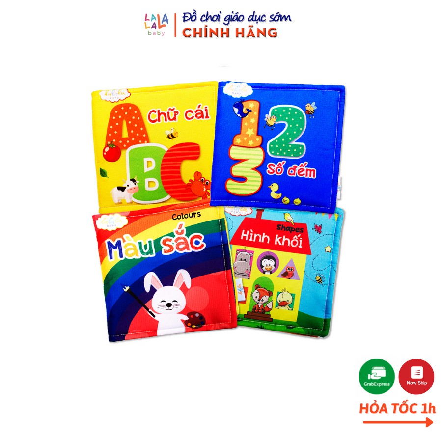 Combo 4 cuốn sách vải Lalala baby, kích thích đa giác quan, kích thước 15x15cm 12 trang (Số đếm, hình khối,màu sắc, chữ)