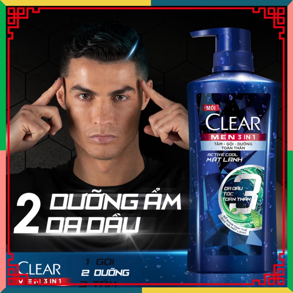 Dầu Tắm - Gội - Dưỡng Mát Lạnh 3 trong một cho nam Clear Men Active 630g ( Đại lý Ngọc Toản)