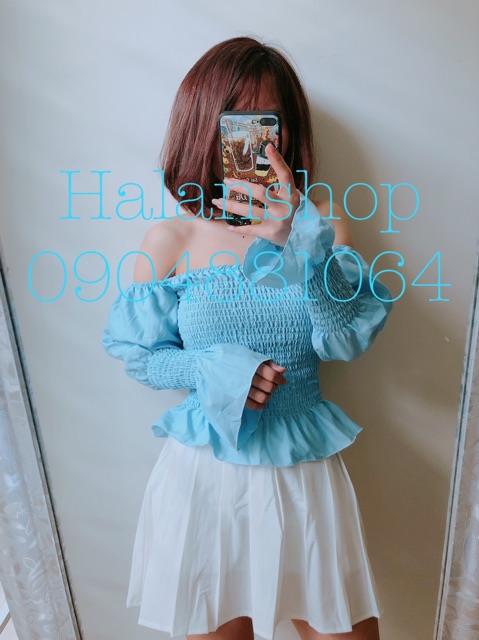 Áo rớt vai voan nhún tay dài buộc nơ