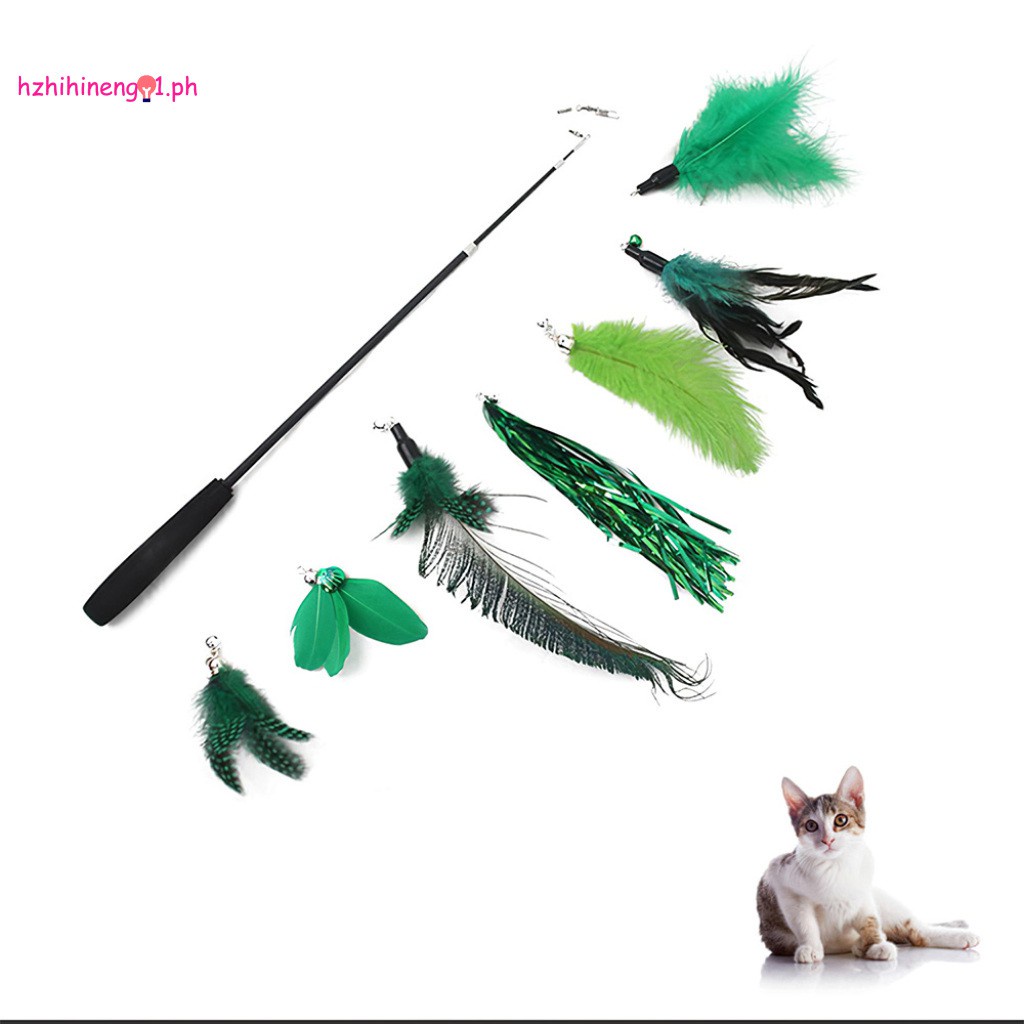 HZN01 8 Pcs Cat Toys Interactive Cat Feather Wand Retractable Cat Wand Toy with 1 Pole & 7 Replacement Teaser with Bell Cat Fishing Pole Toy for Interaction and Exercise