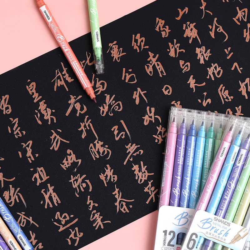 Set 1/6 Bút Lông Hai Đầu Mềm Mại Thân Kim Loại Dùng Trong Trường Học