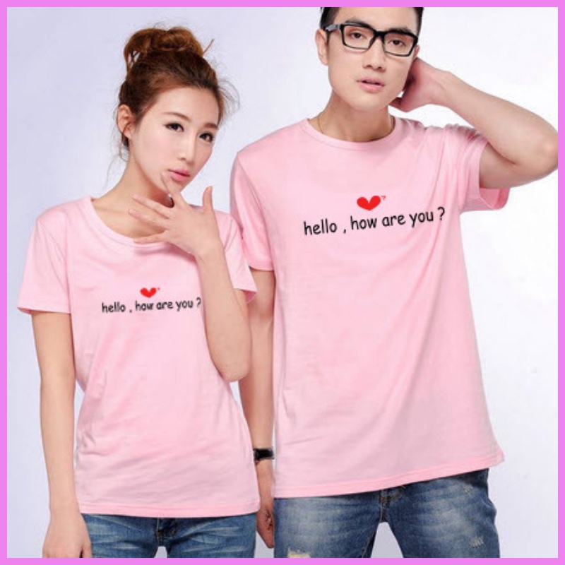 Áo Thun Tay Ngắn Cặp Màu Hồng In Hello How Are You