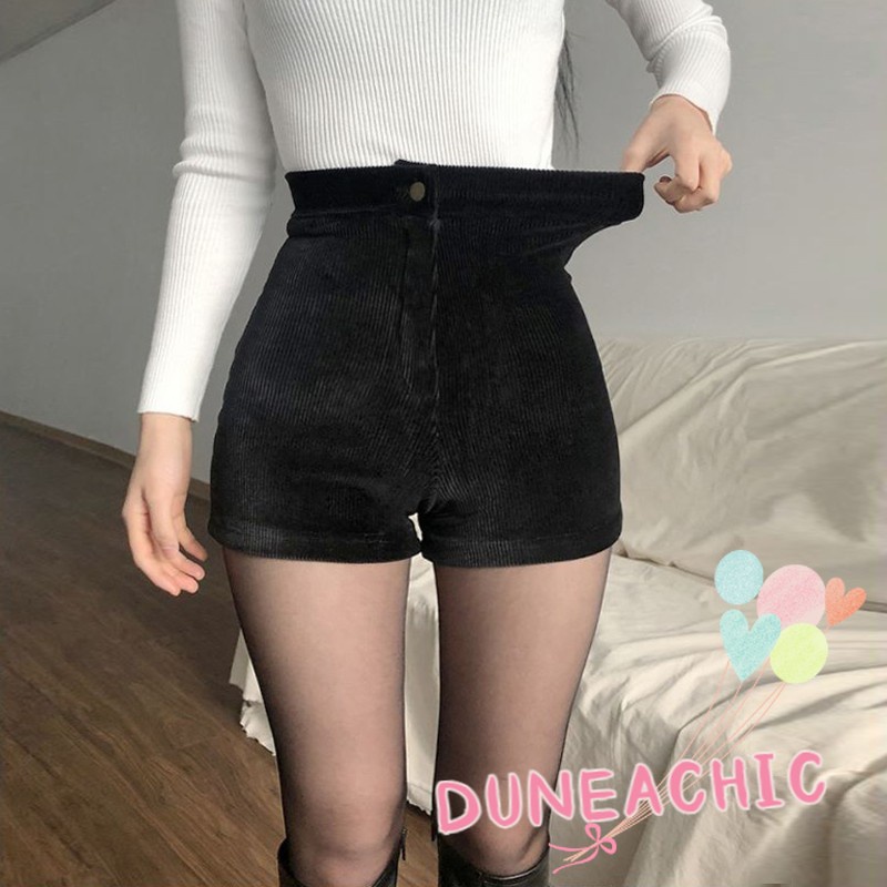 DUNEA Quần short vải nhung đen lưng cao co giãn thiết kế trẻ trung hợp thời trang dành cho nữ