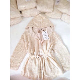 Áo khoác cardigan len có nón, dây rút thắt lưng, màu kem