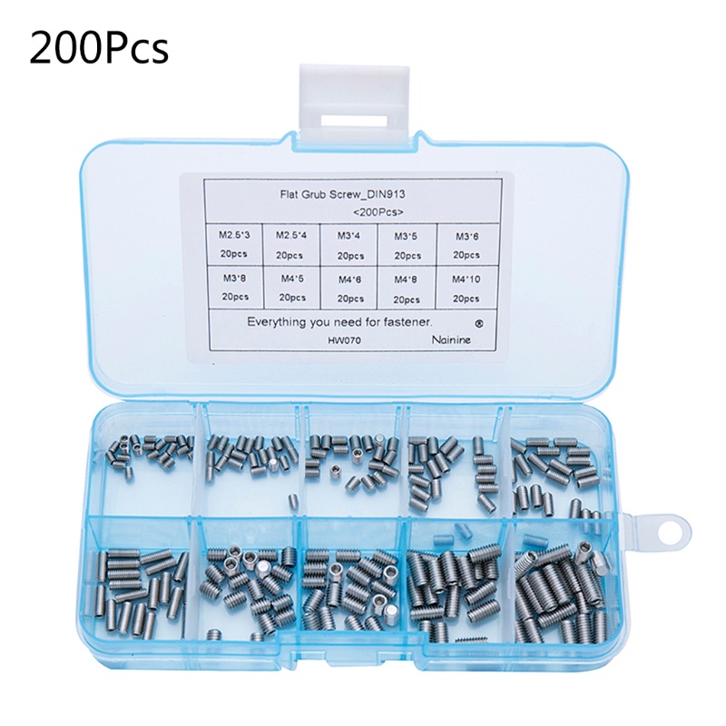Bộ 200 Ốc Vít Đầu Lục Giác M2.5 M3 M4 DIN913 Chuyên Dụng