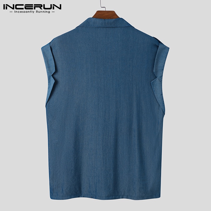 Áo sơ mi INCERUN sát nách màu trơn dáng rộng phối khóa kéo thời trang cho nam