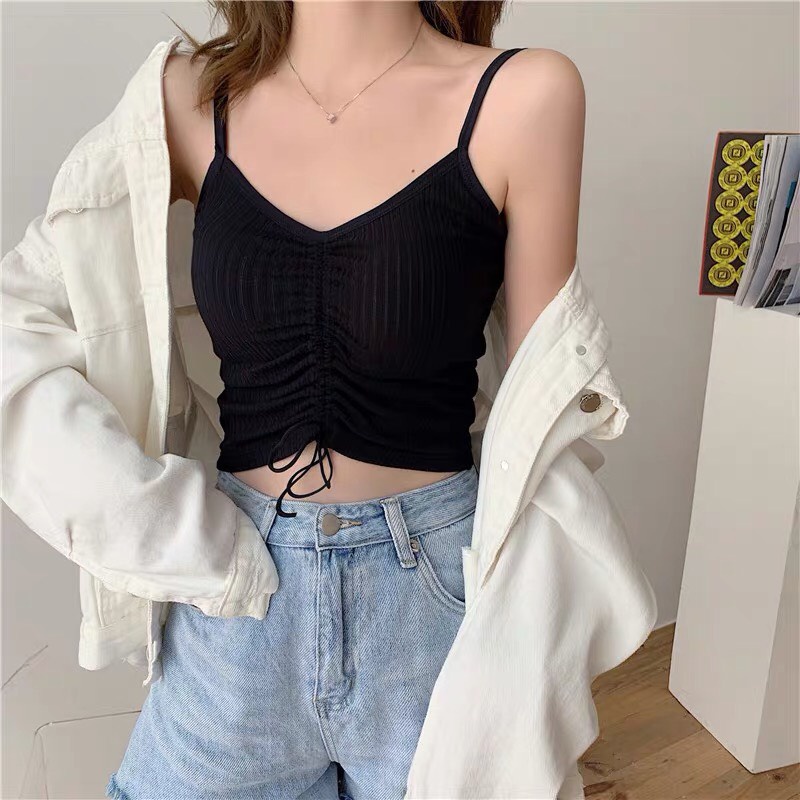 Áo Bra Hai Dây Nữ Croptop Dáng Ôm Có Mút Ngưc Dây Rút Co Giãn PINK STORE 0037