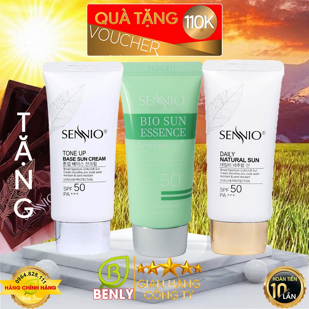 Kem chống nắng hàn HOT Ticktok SENNIO, dùng cho da mặt và body. Kcn kềm dầu, nâng tone và dưỡng trắng da sau đi nắng