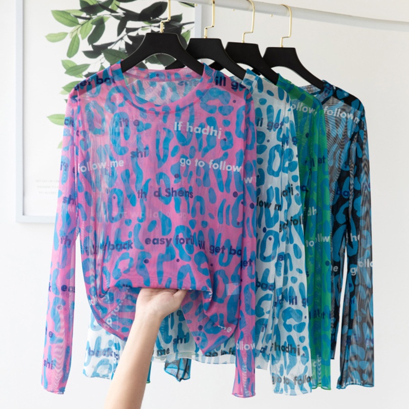 Áo Lưới Tay Dài In Chữ Màu Sắc Tương Phản Trọng Lượng Nhẹ Thoáng Khí Thời Trang Cho Nữ