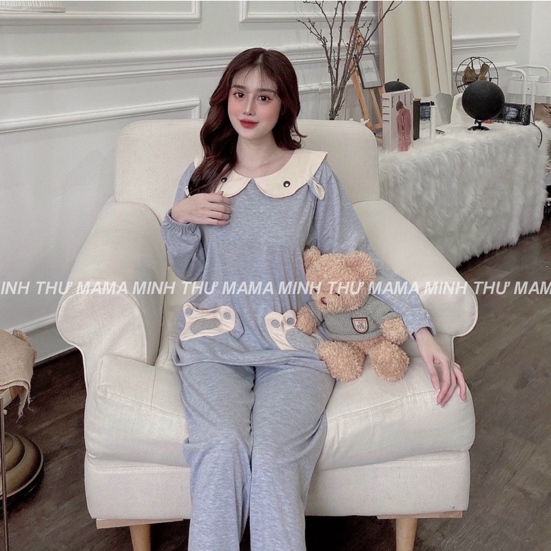 Bộ bầu có vén ngực cho béti sau sinh - bộ mặc nhà - chất liệu cotton kiểu Hàn Quốc họa tiết lá sen tai gấu