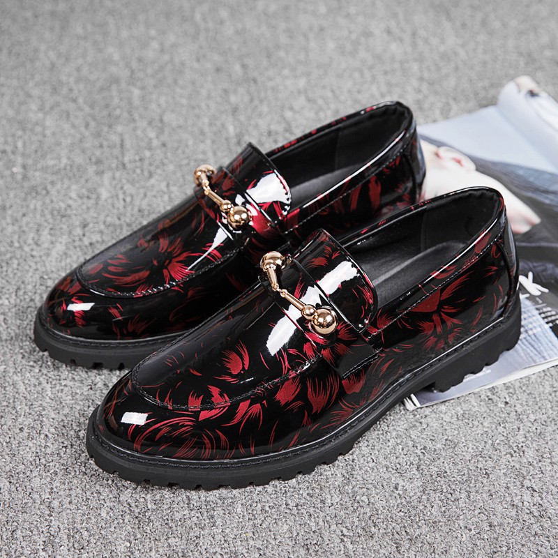 Low-neck male loafers with floral print leaves fashion businessman style